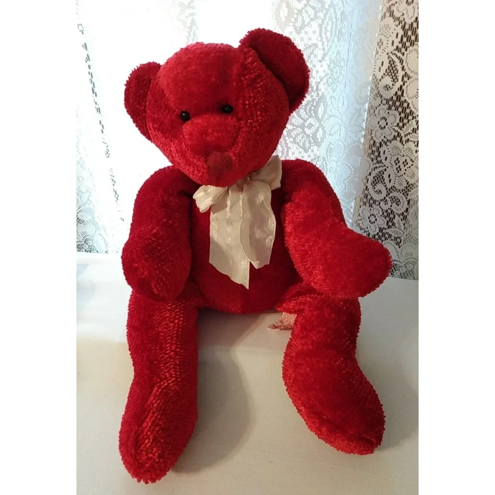Red Plush Bear Russ Berrie Antonio w/ Bow Handmade Vintage 18